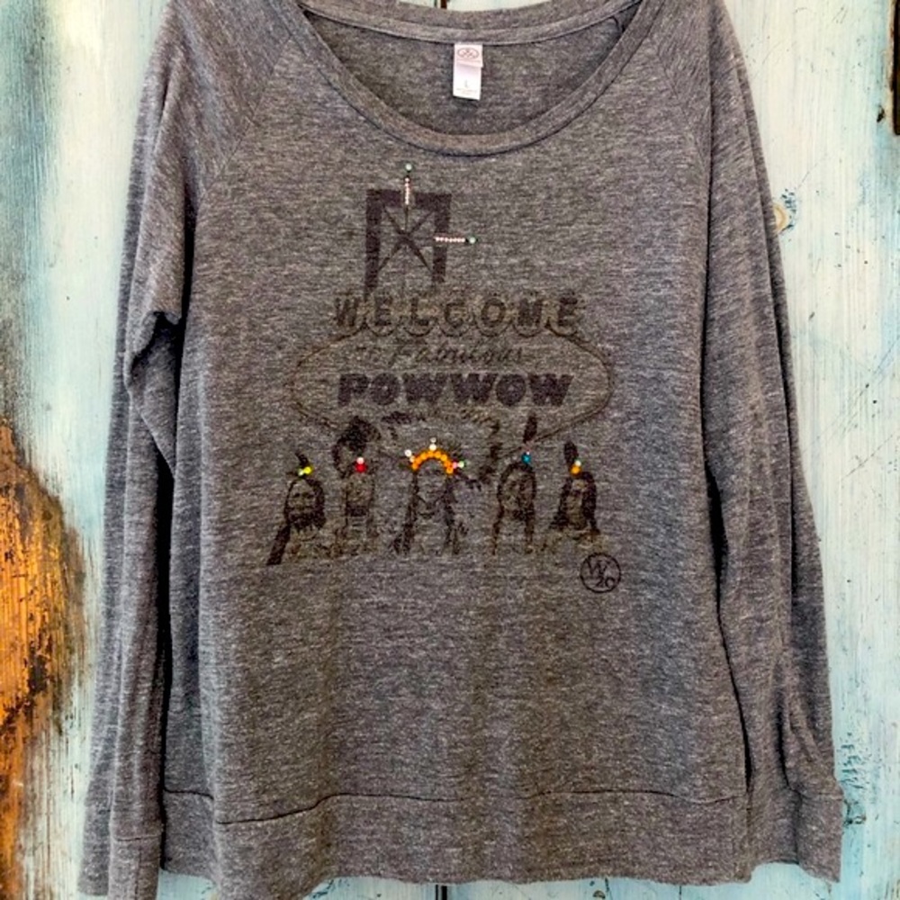 “A Powwow Welcome” Native American gray t-shirt embellished with rhinestones - Picture 9 of 15